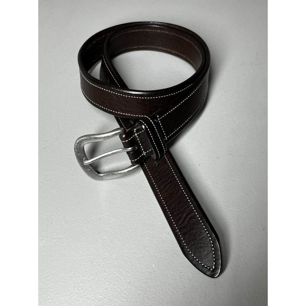 Eddie Bauer Leather Belt Size Small Dark Brown Silver Tone Buckle Stitched Trim